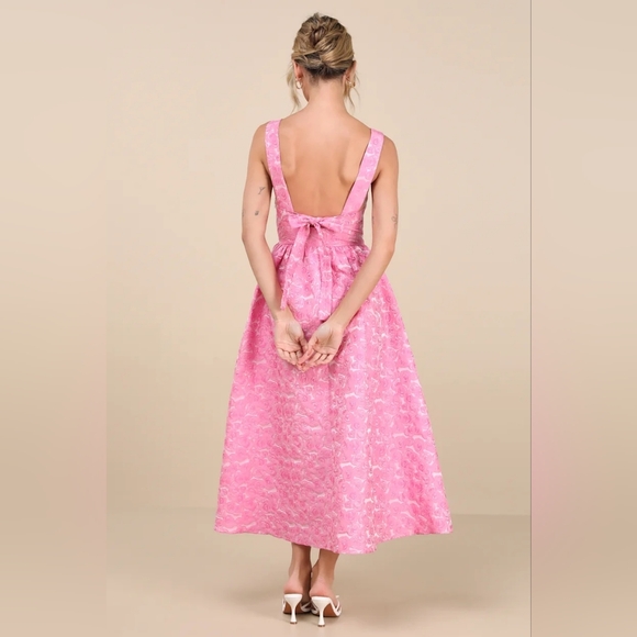 Lulus Rudra Pink Floral Jacquard A-Line Backless Midi Dress S Wedding Party Prom - Picture 5 of 12